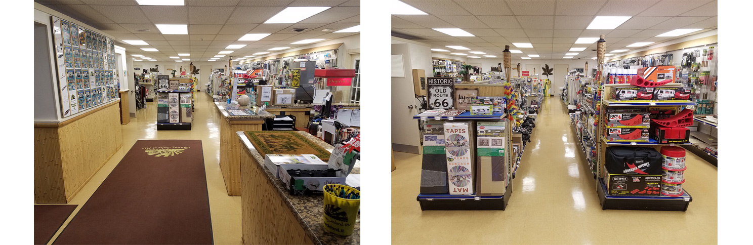 Inside of Sunny Island RV store showing the check out area and products